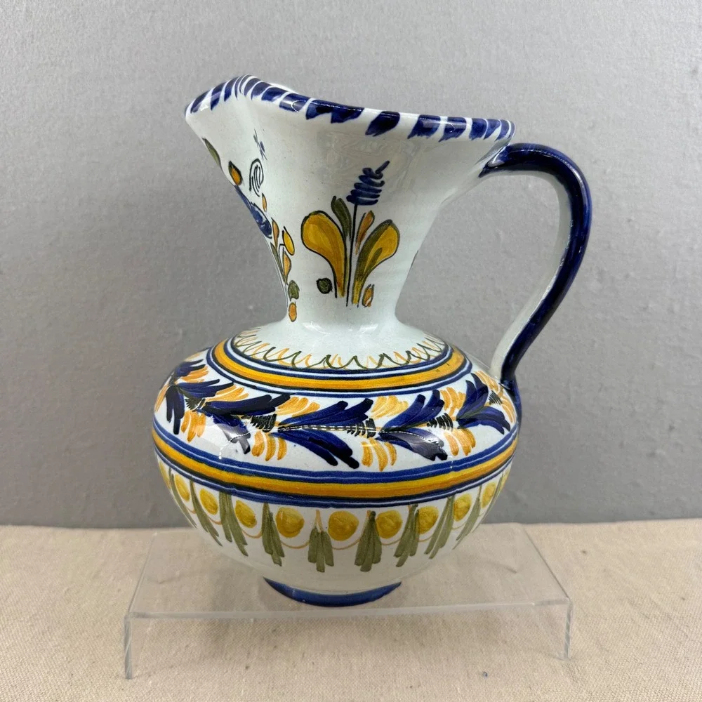 Vintage Spanish Majolica Art‎ Pottery Pitcher Signed VE Monogram Espana